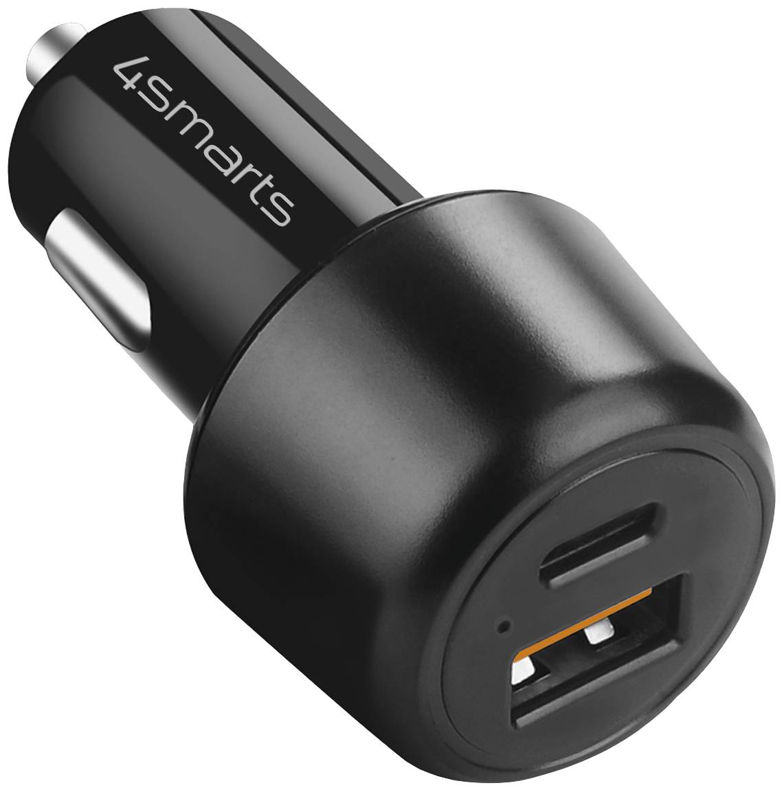 Chargeur de voiture USB noir à deux ports, adapté pour charger des appareils mobiles, nom de marque sur le côté.