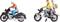 Deux figurines miniatures roulent à moto. À gauche, un seul motard, à droite deux personnes sur une moto, l'une portant un sac à dos.