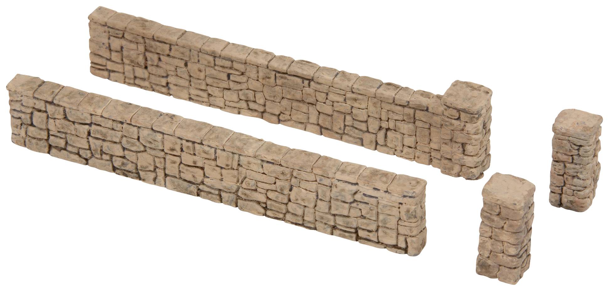 Quatre murs construits en mini-pierres, deux plus longs et deux plus courts, sur un fond blanc. Idéal pour la maquette ou les dioramas.