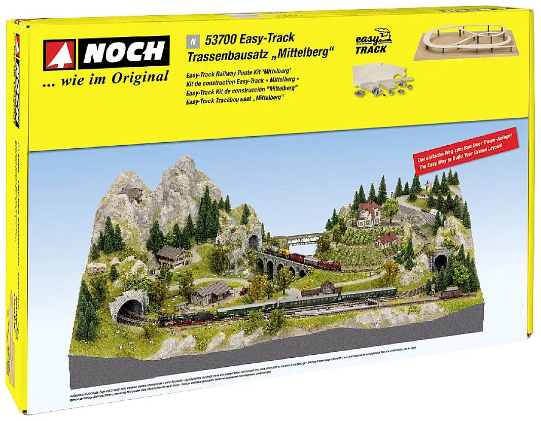 Kit de construction de modèle NOCH : 'Kit de tracé de voie ferrée Easy-Track Mittelberg'. Représente une ligne de chemin de fer traversant un paysage montagneux avec des ponts.