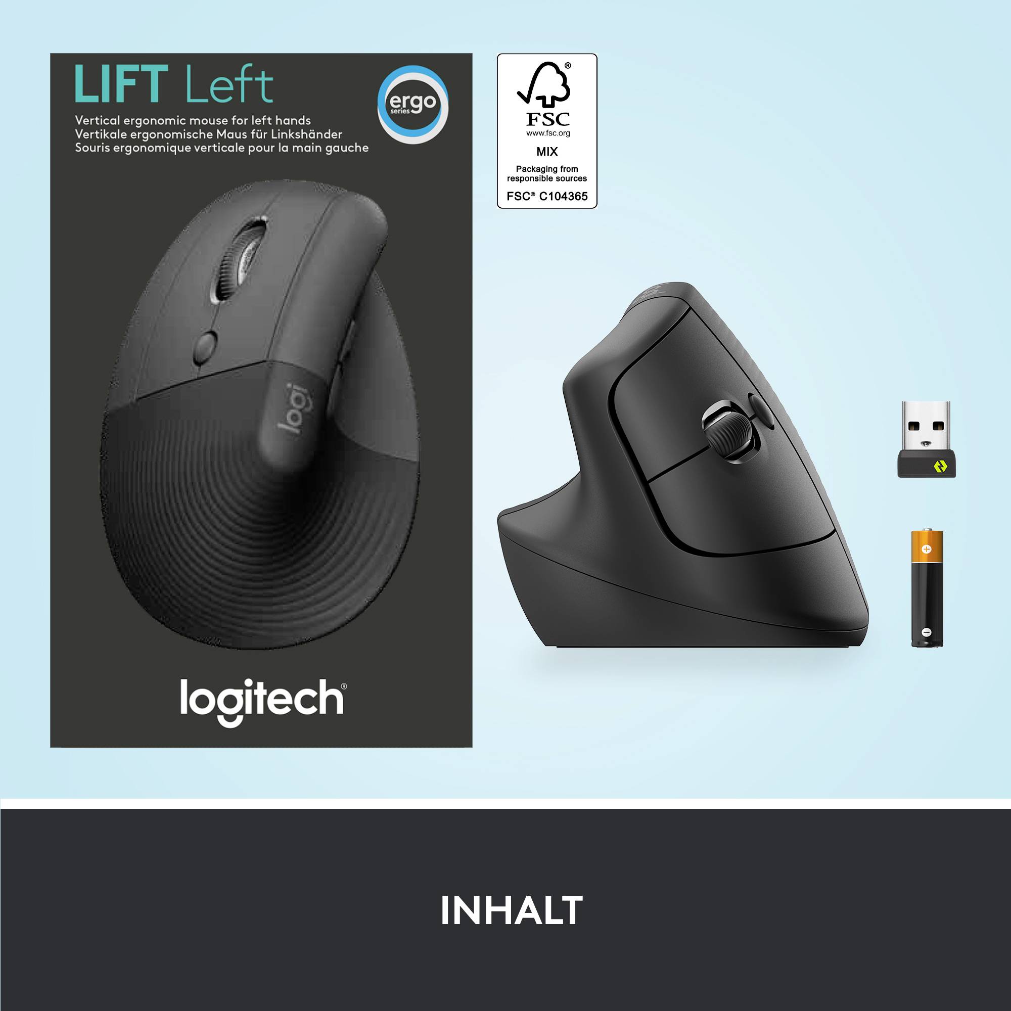 Souris ergonomique verticale Logitech, modèle 'Lift', en noir, pour gauchers. Comprend un récepteur USB et arbore un certificat FSC.