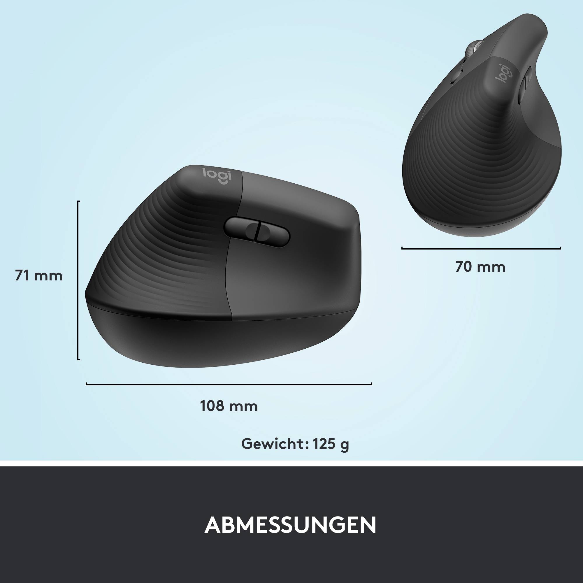 Une souris d'ordinateur ergonomique noire avec deux boutons et une molette de défilement. Dimensions : 108 mm (longueur), 70 mm (largeur), 71 mm (hauteur) ; poids 125 g.