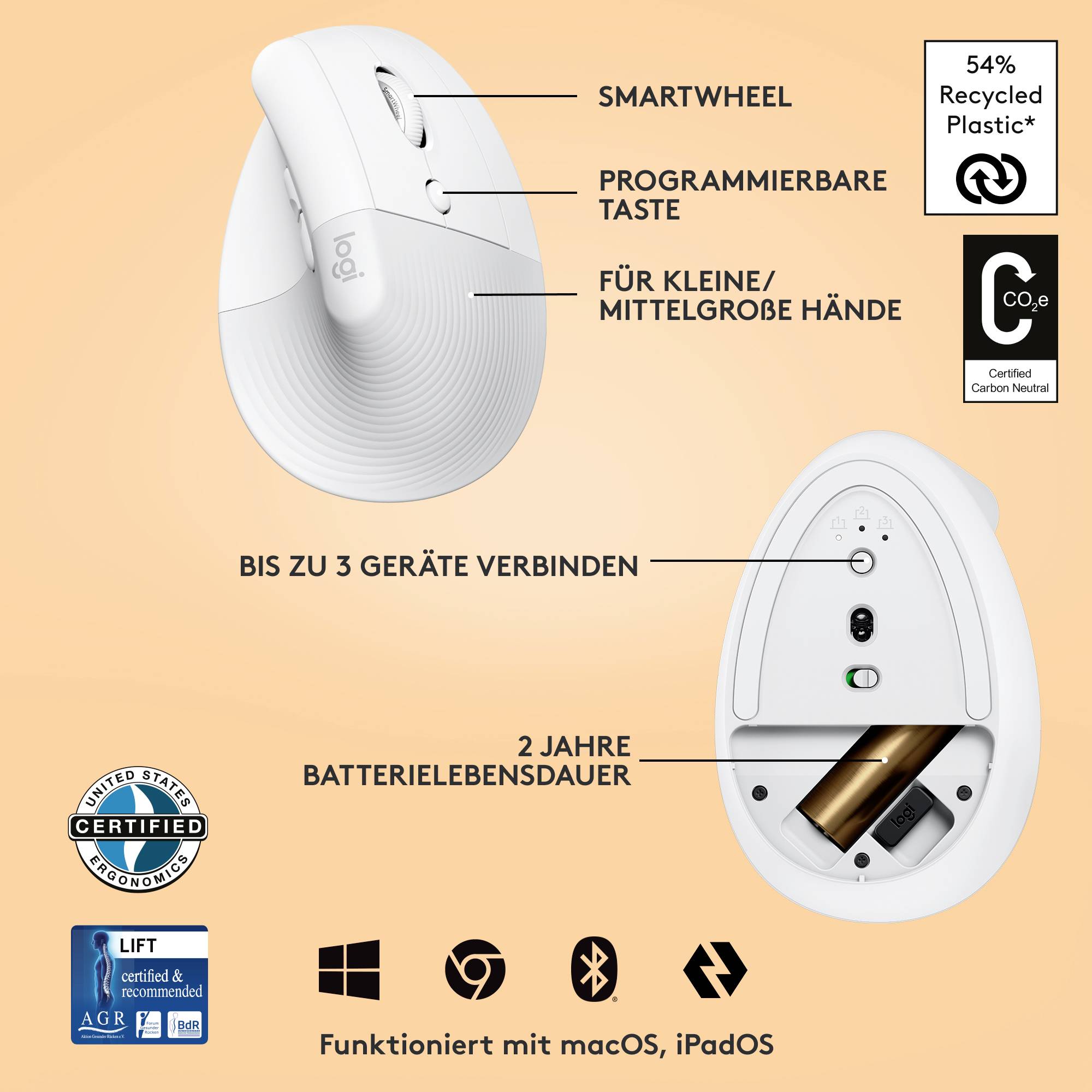 Souris d'ordinateur blanche avec roue intelligente, touche programmable, adaptée aux petites et moyennes mains. Prend en charge jusqu'à 3 appareils, autonomie de batterie de 2 ans. 54 % de plastique recyclé.