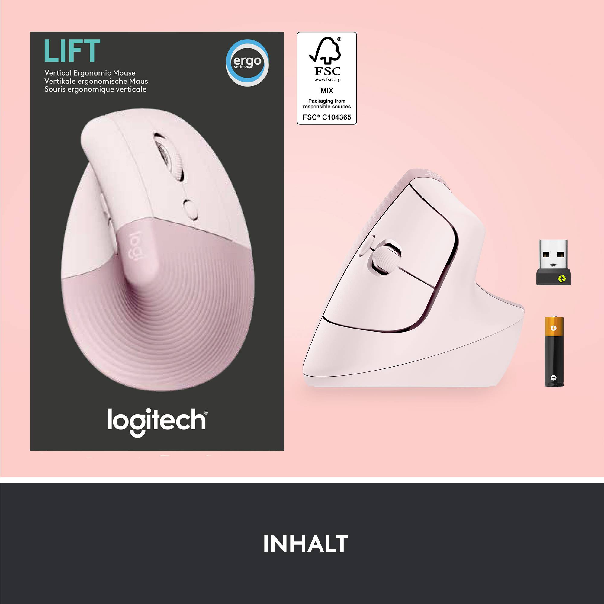 Souris ergonomique Logitech Lift, rose, design vertical, avec récepteur USB pour connexion sans fil. Emballage et souris illustrés.