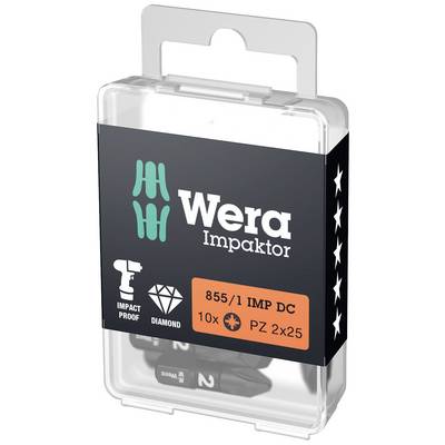 L'emballage contient 10 embouts Wera Impaktor, type 855/1 IMP DC, taille PZ 2x25, avec Impact Proof et revêtement diamant.