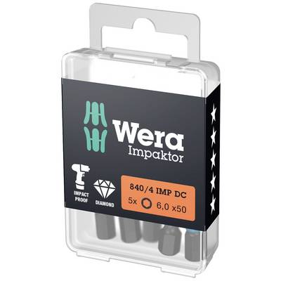 Ensemble de Mèches Wera Impaktor dans un boîtier transparent avec logo. Comprend cinq mèches (6,0 x 50 mm) adaptées aux visseuses à choc, revêtues de diamant.