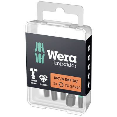 Embout de Wera, Modèle : Impaktor 867/4 IMP DC, contenant 5 pièces TX 25. L'emballage souligne la résistance aux chocs et le revêtement diamant.