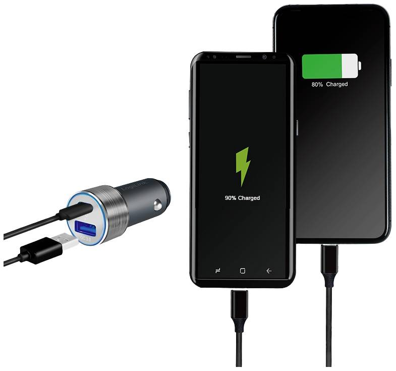 Deux smartphones sont en train de se charger via un chargeur de voiture ; tous deux affichent leur état de charge, l'un à 90 % et l'autre à 80 %.