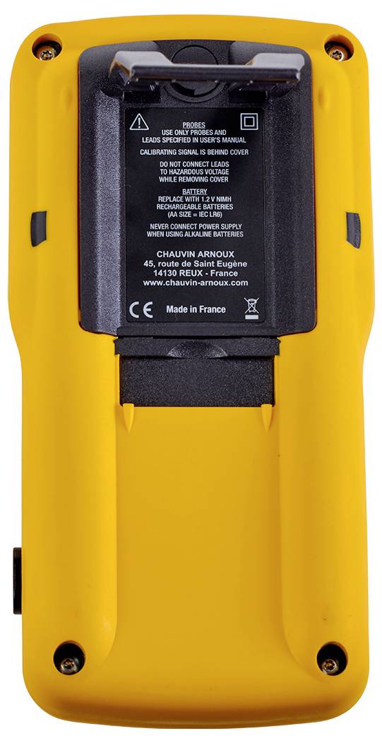 Appareil électronique jaune vu de dos avec un boîtier noir et des éléments de commande. Le texte fournit des informations sur l'étalonnage et les consignes de sécurité.