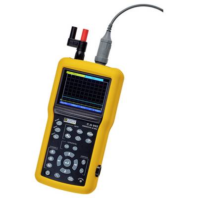 Un appareil de mesure électrique jaune portable avec un écran et plusieurs boutons affiche des diagrammes de mesure, avec des câbles connectés en haut.