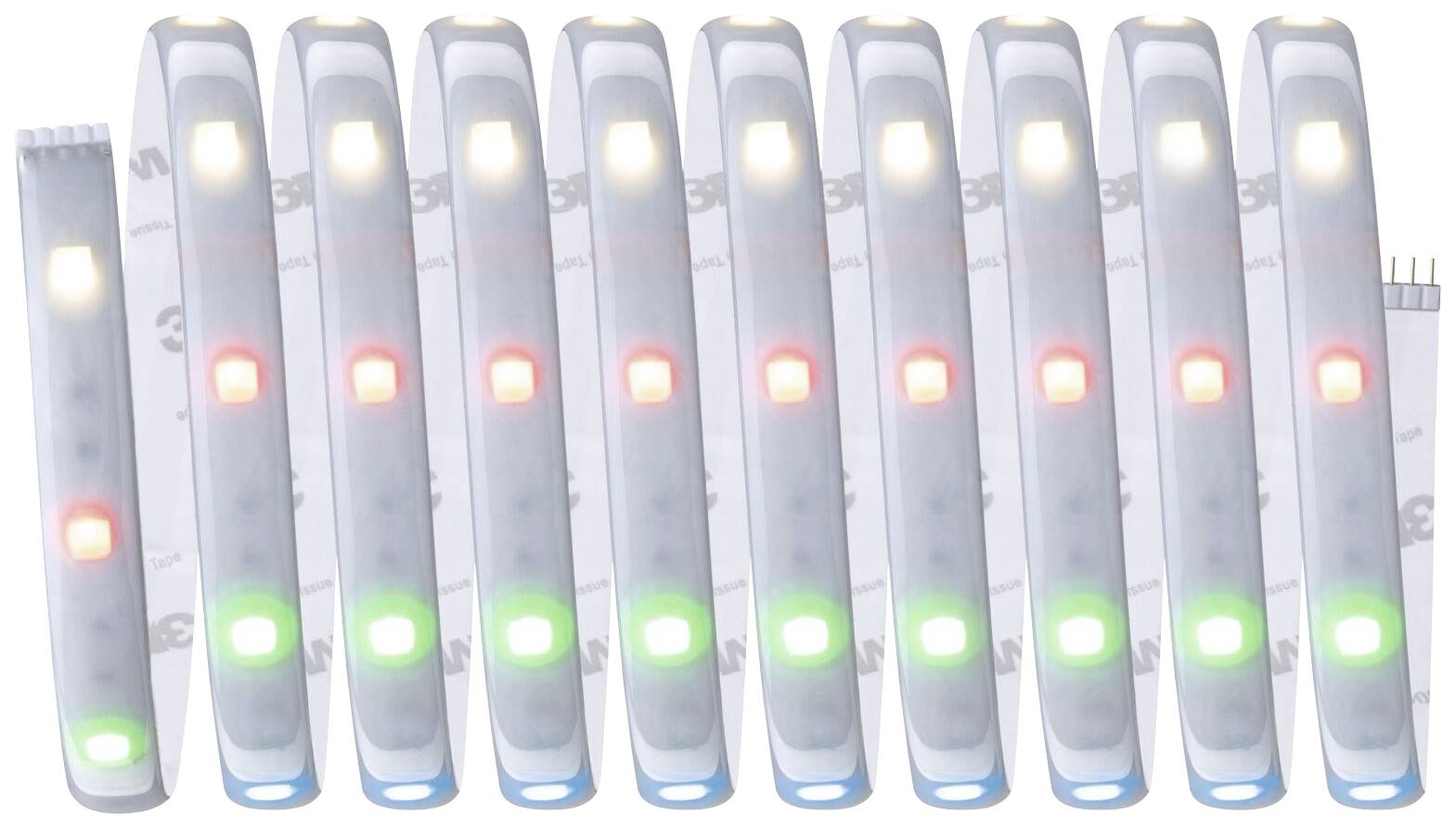 Une rangée de bandes LED affiche des lumières alternant entre rouge, vert et jaune. Les bandes sont alignées en ligne droite.