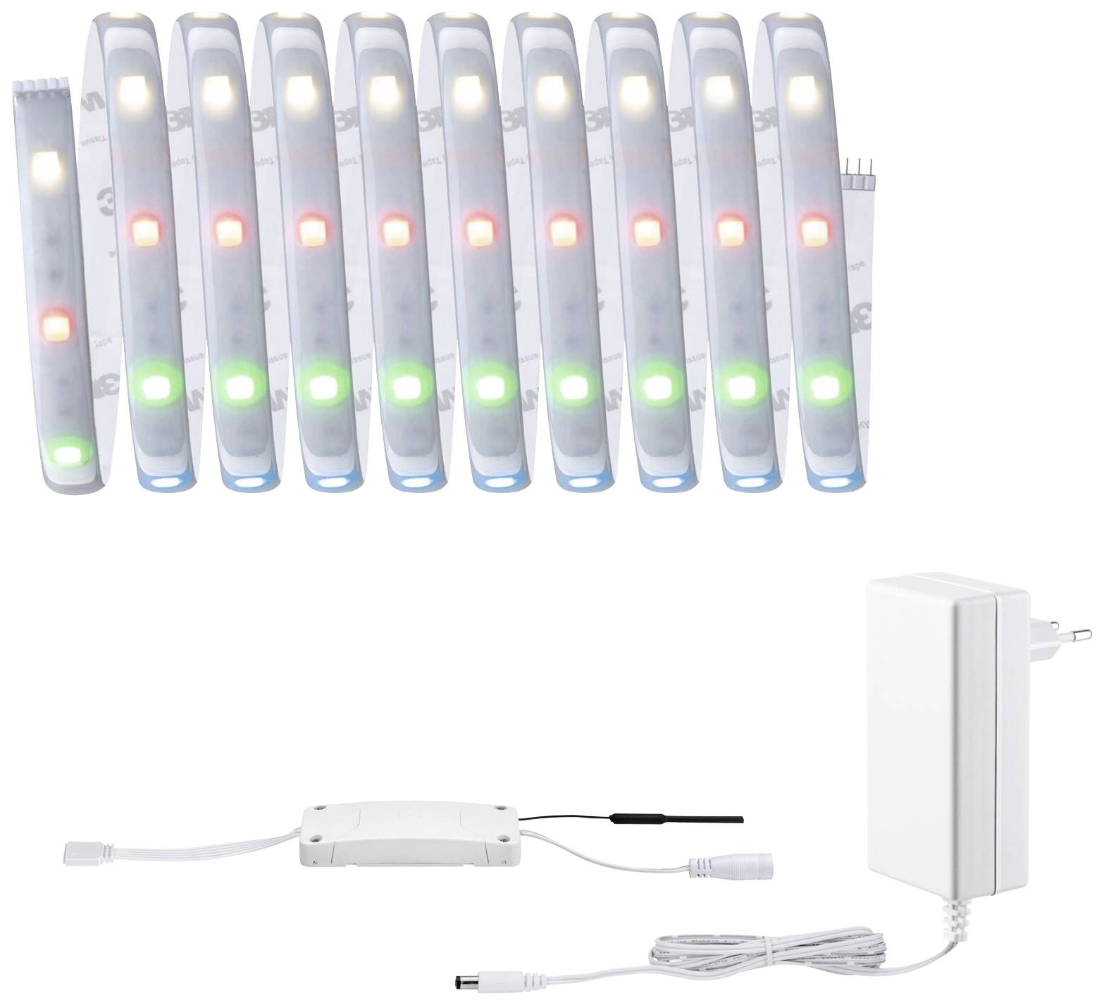 'Bandes LED multicolores : Quantité dix. Adaptateur et câbles inclus.'