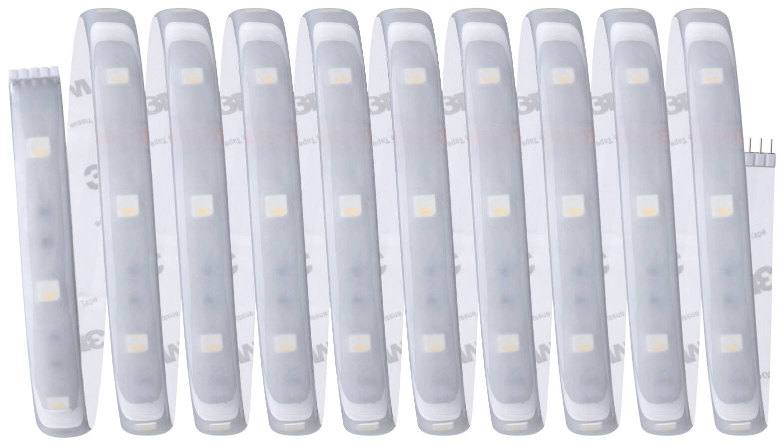 Plusieurs bandes de LED côte à côte montrent des diodes électroluminescentes carrées avec des contacts de connexion à leurs extrémités.