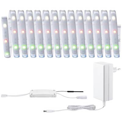 Une barre lumineuse à LED avec plusieurs lumières allumées en rouge et en vert, connectée à un bloc d'alimentation et à un dispositif de commande.