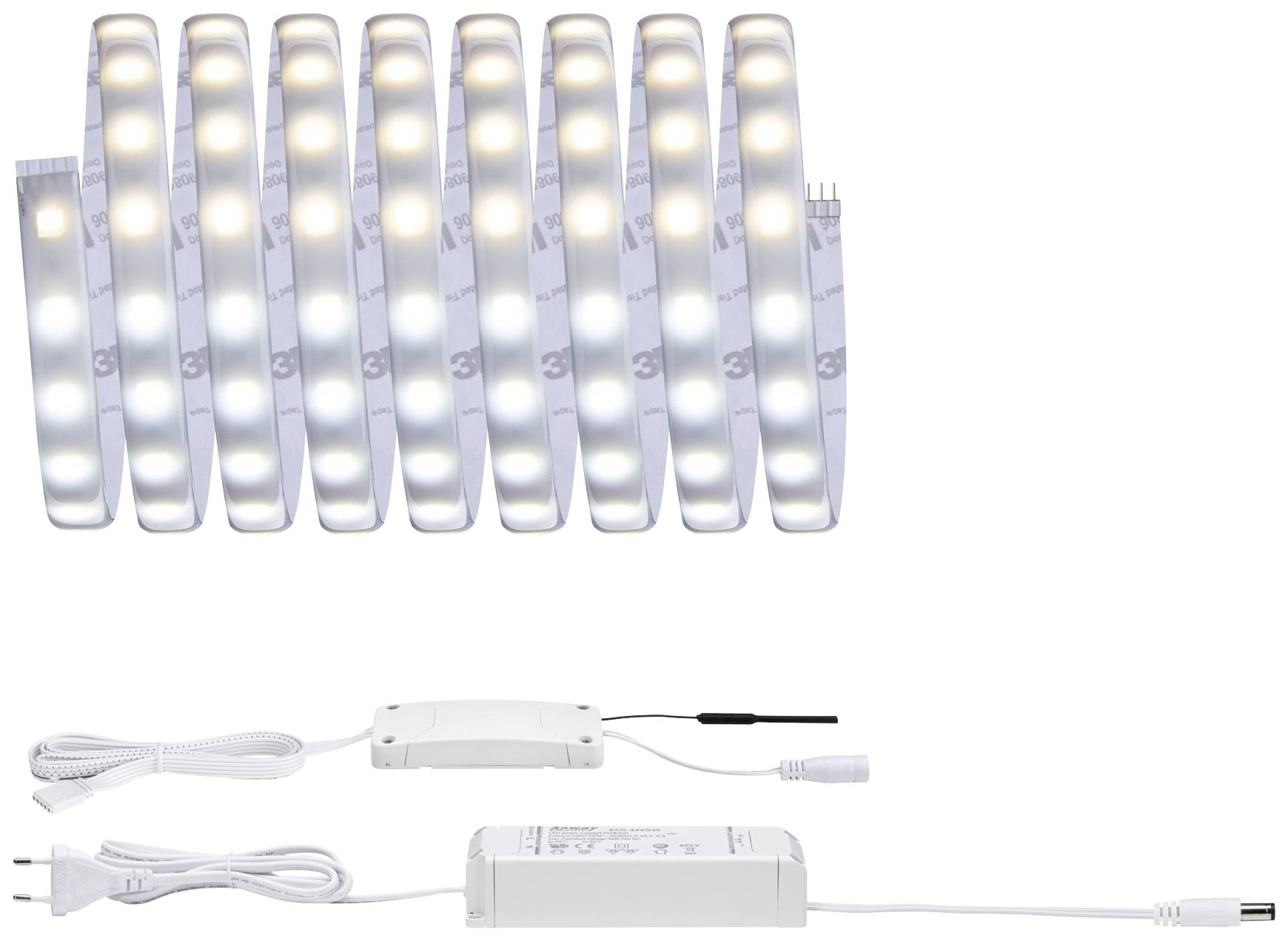 Bande lumineuse LED avec des LED blanc chaud et blanc froid, alimentation électrique et câble de connexion, idéale pour l'éclairage intérieur.