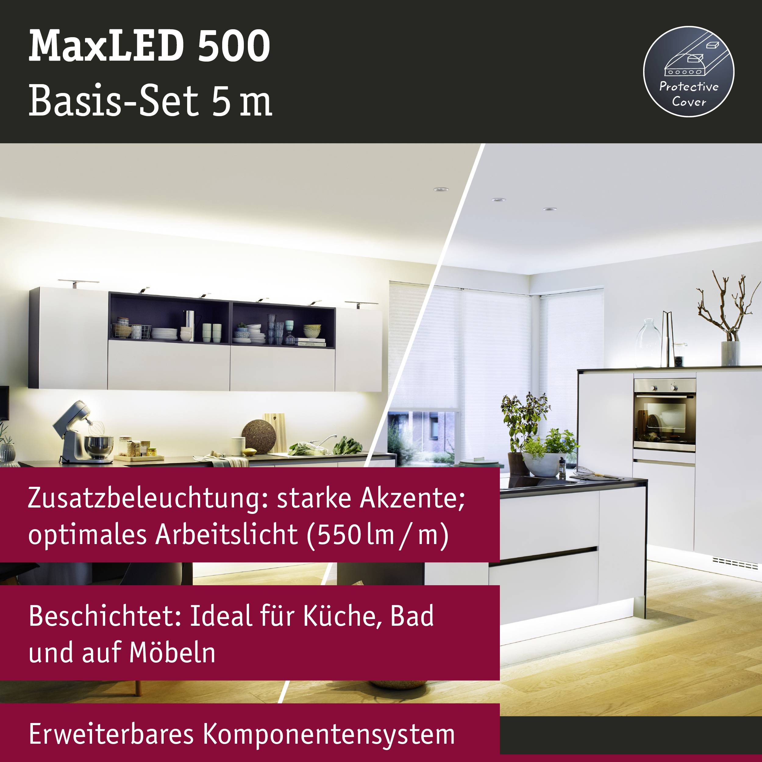 Salon et cuisine modernes éclairés avec le kit de base 'MaxLED 500' de 5 m, mettant en valeur un éclairage de travail optimal de 550 lm/m. Idéal pour la cuisine, la salle de bain et les meubles.