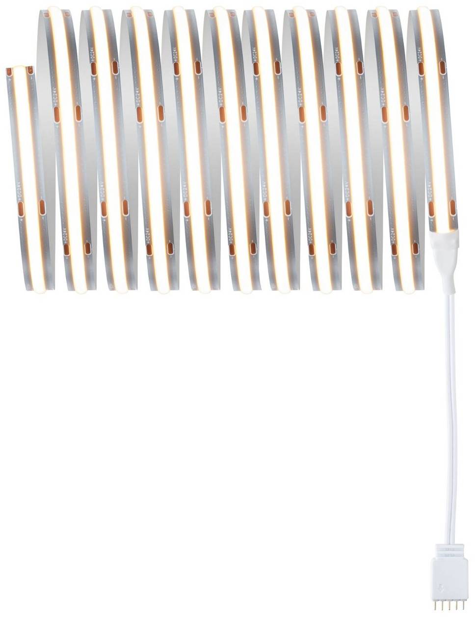 Un ruban lumineux LED déroulé avec câble de connexion, adapté à l'éclairage décoratif.