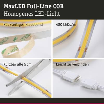 Voici la traduction en français :<br><br>'MaxLED Full-Line COB : Lumière LED homogène, Bande adhésive au dos, 480 LED/m. Peut être coupé tous les 5 cm, Facile à connecter.' Détails et caractéristiques du produit.