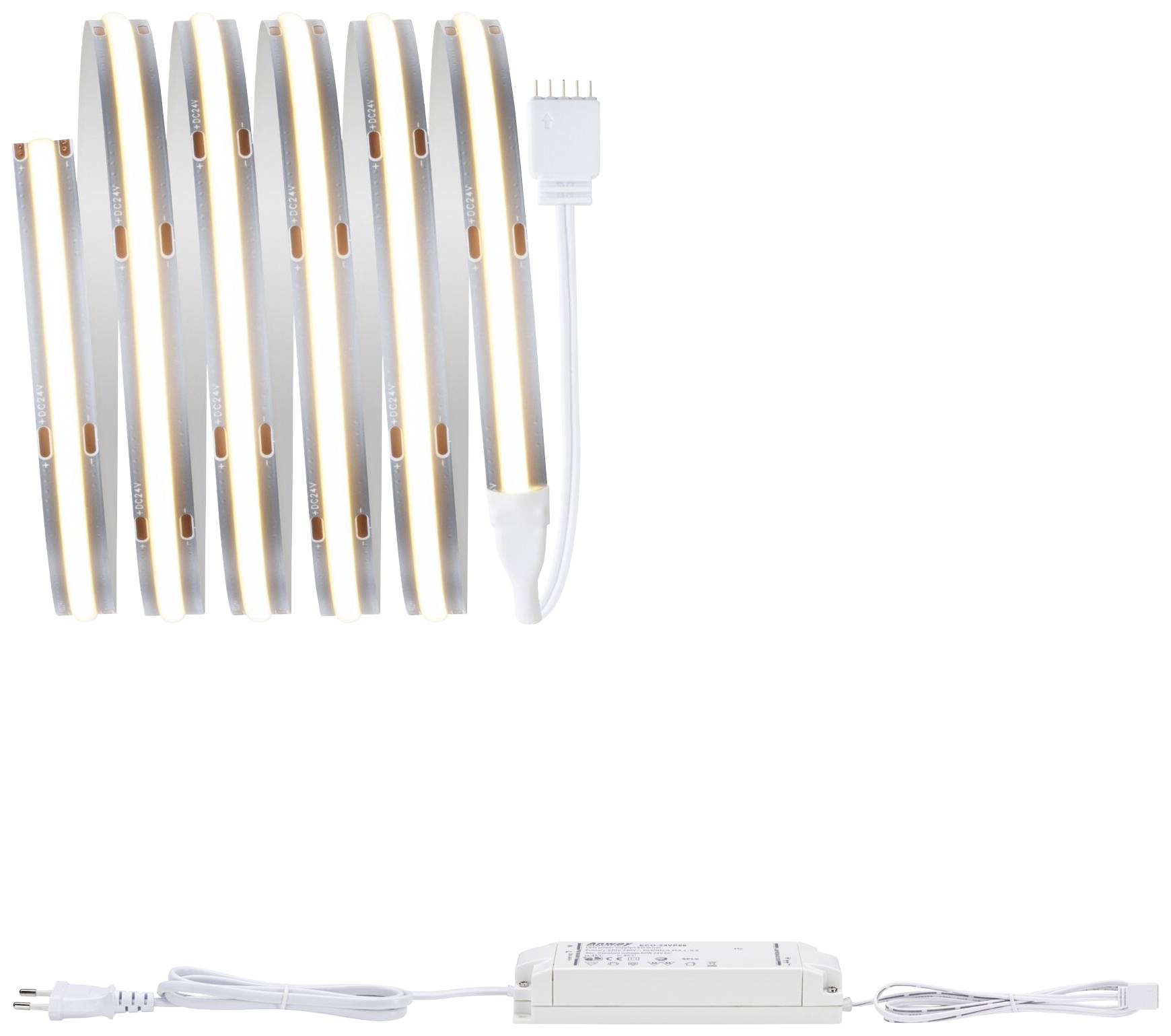 Une bande LED en zigzag avec un câble de connexion blanc et un bloc d'alimentation blanc, prête à être installée.