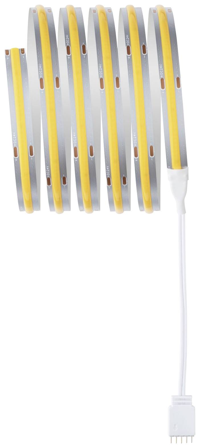 Bande lumineuse LED en forme de spirale avec surface jaune et argentée, reliée à un câble blanc et une fiche à l'extrémité.