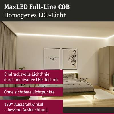 Une chambre moderne avec un éclairage LED variable sans points lumineux apparents. Le texte souligne la technologie innovante et l'éclairage homogène.