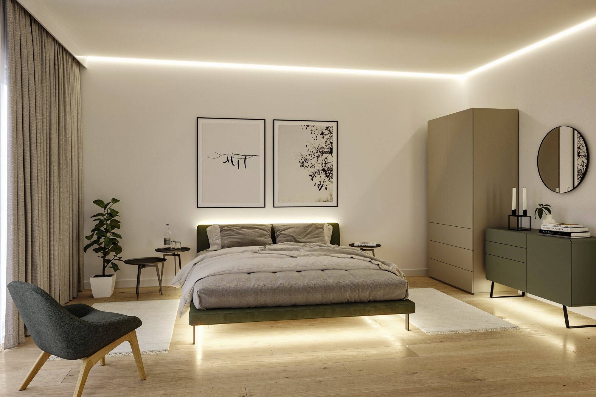 Chambre à coucher au design moderne, lit double au centre, deux tableaux muraux au-dessus, armoire à droite, plante à gauche, aménagement minimaliste.
