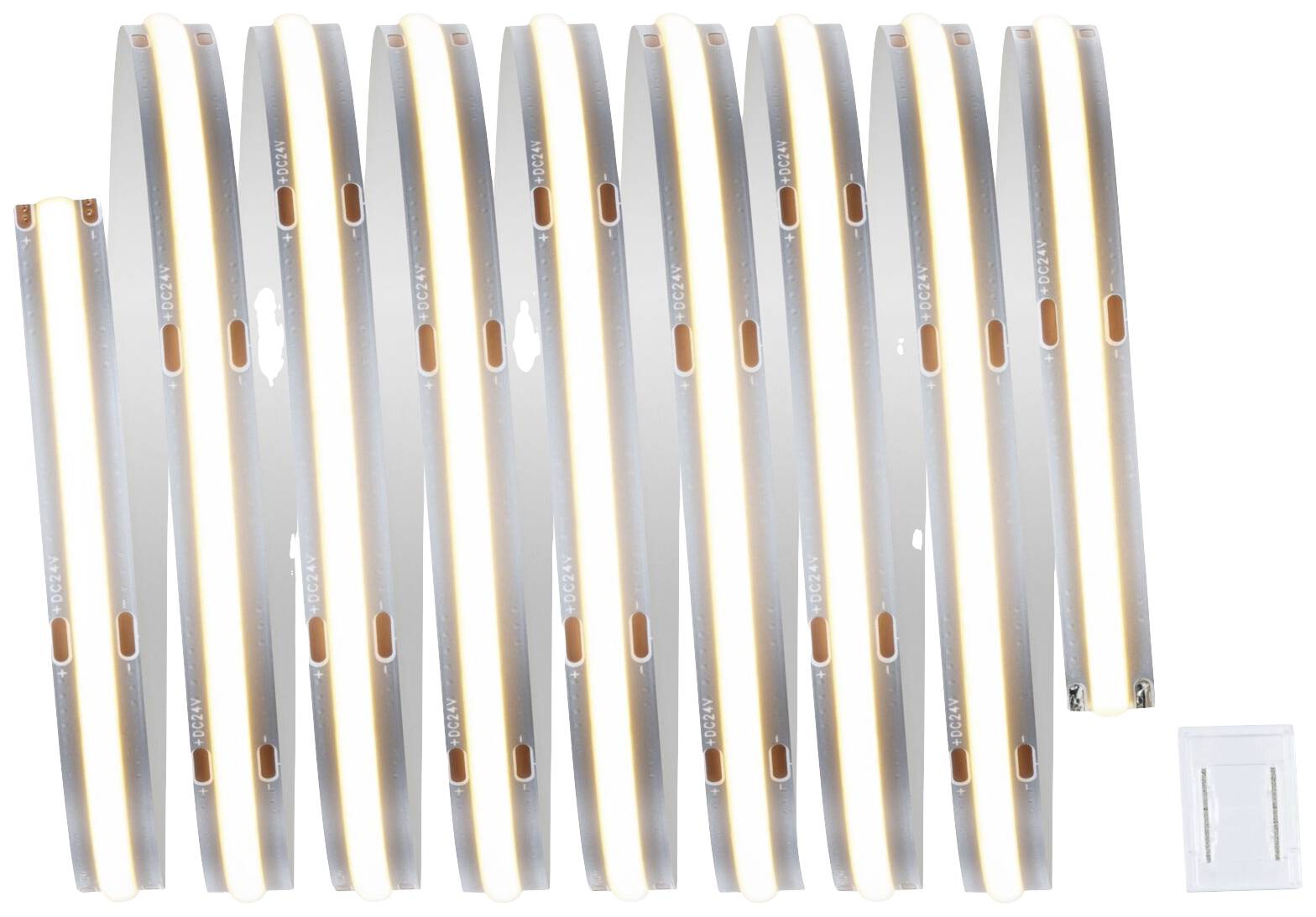 Une bande lumineuse LED blanc chaud et lumineux, enroulée en plusieurs boucles, avec du matériel de fixation à côté. Adapté pour un éclairage décoratif intérieur.