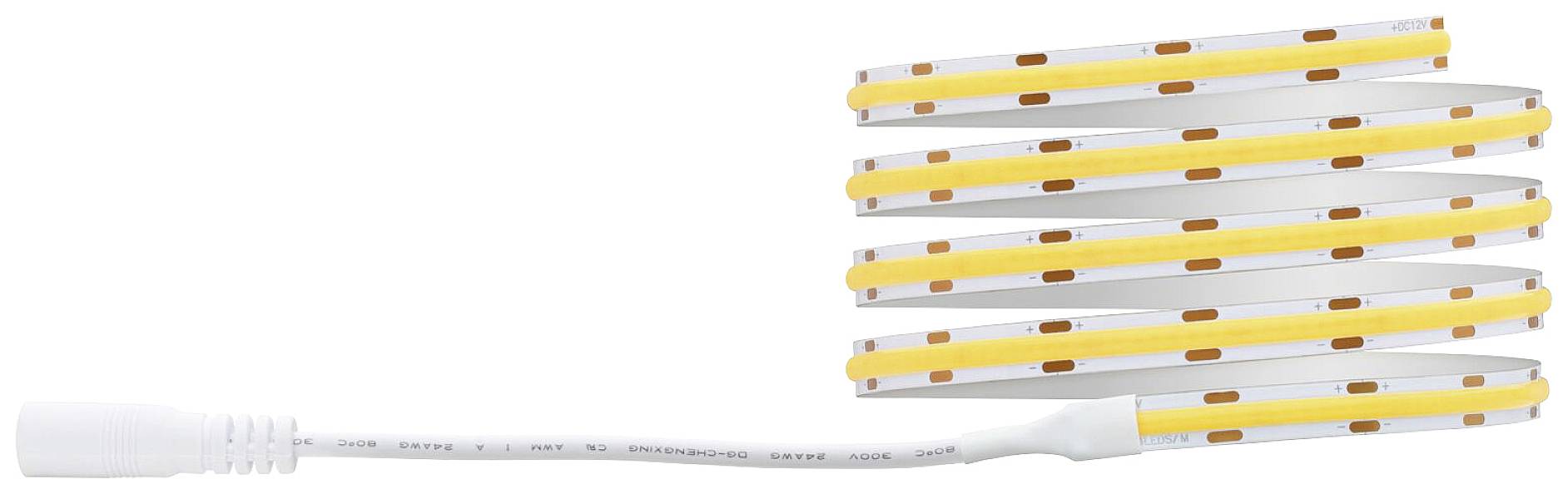 Bande lumineuse LED en forme de zigzag avec des zones éclairantes jaunes et des contacts marron, raccordée à une fiche blanche par un câble.