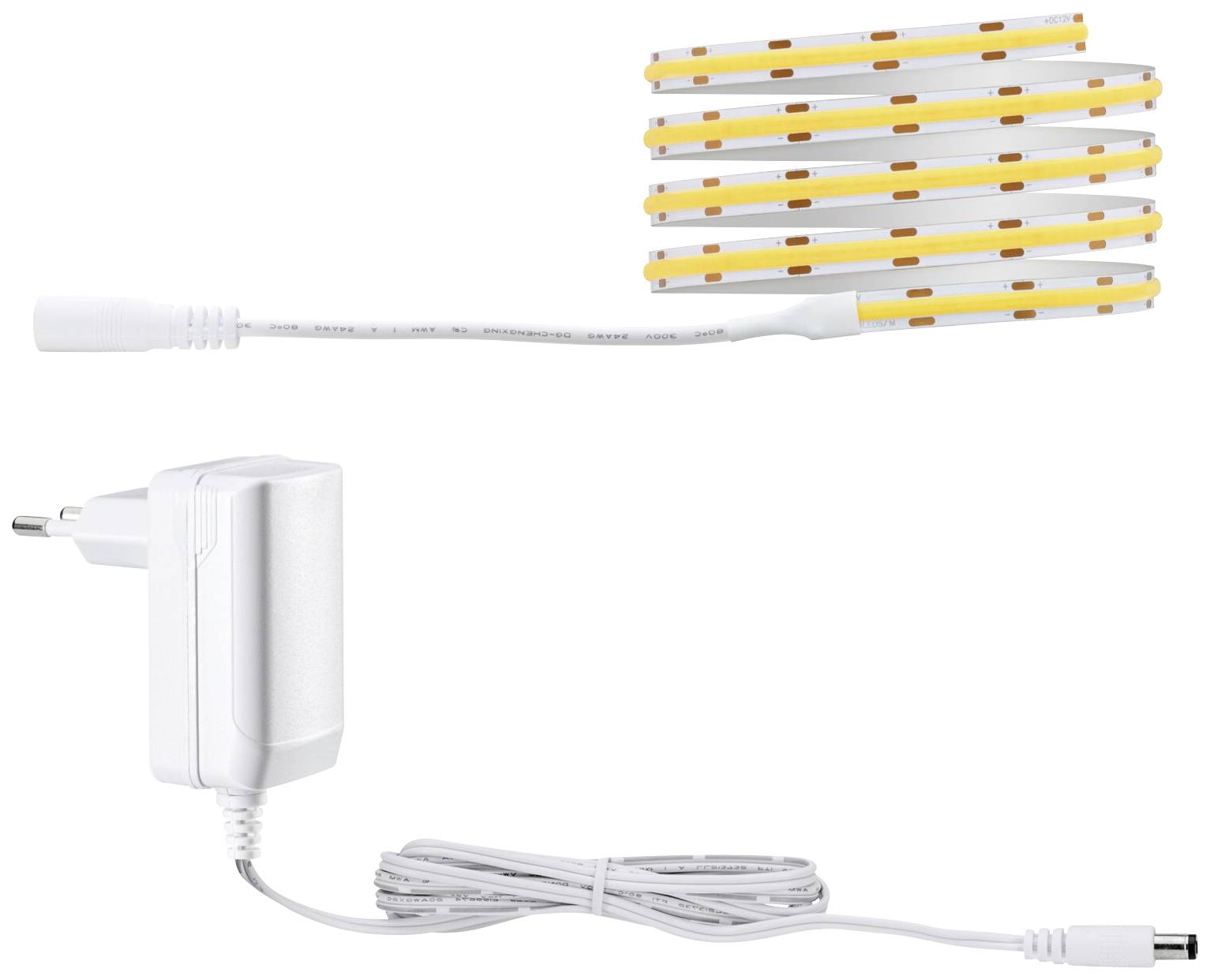 Un bloc d'alimentation blanc connecté à un ensemble de bandes lumineuses LED jaunes, adapté à l'éclairage indirect ou à la décoration.