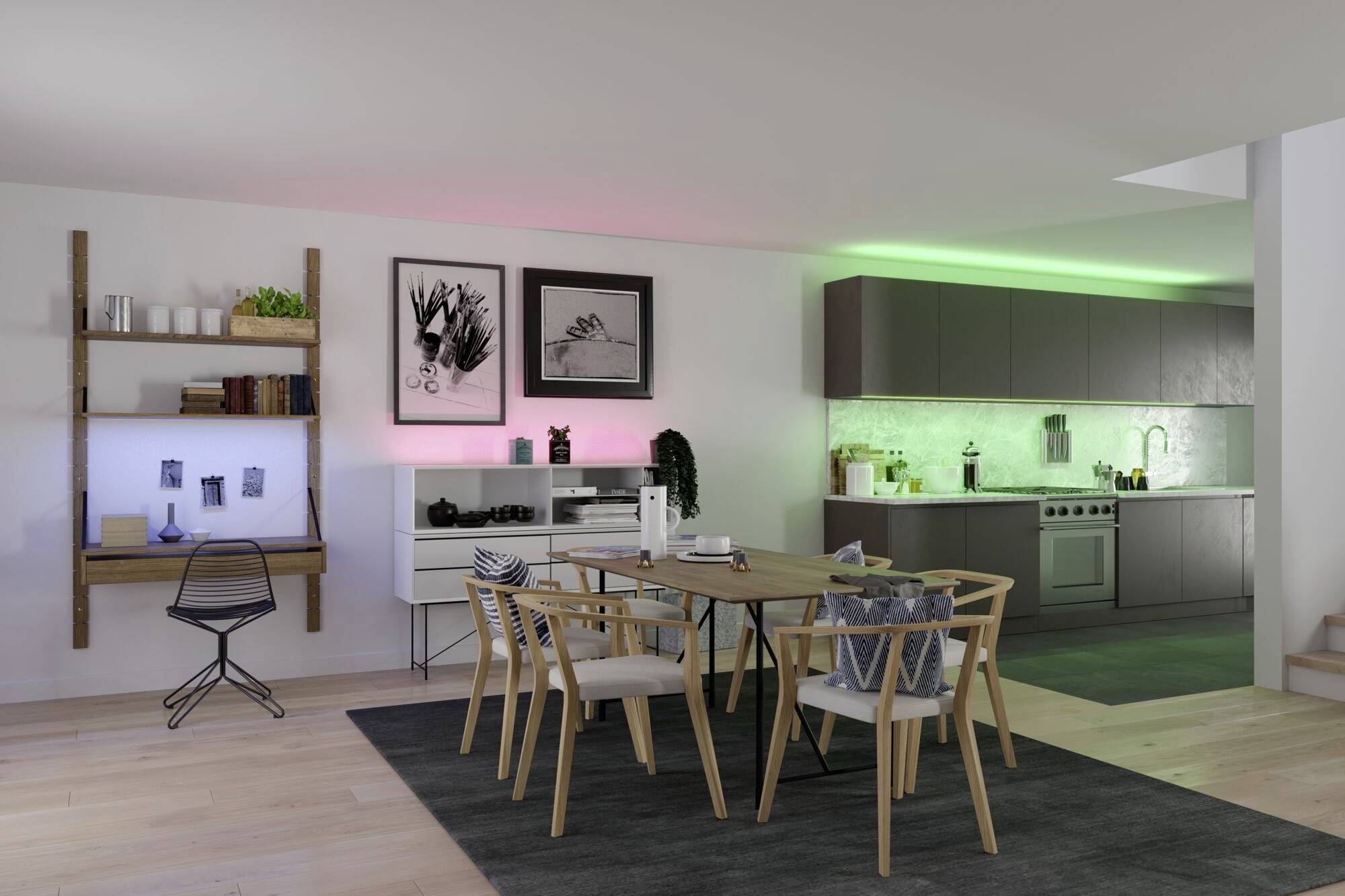 Espace cuisine et salle à manger moderne avec table en bois, six chaises, étagères murales et éclairage LED coloré au plafond.