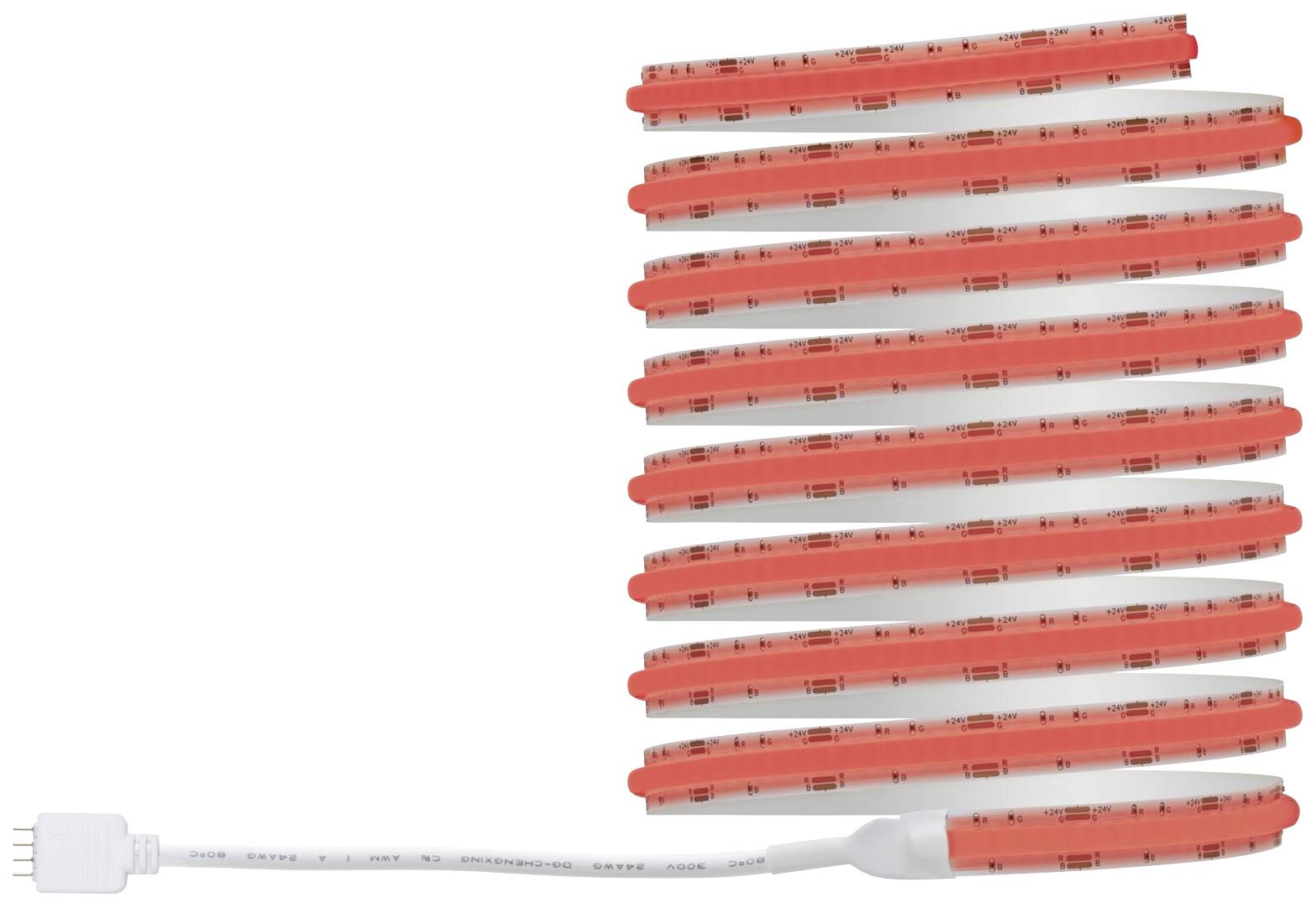 Dix bandes de LED orange sont disposées en parallèle. Un câble blanc avec une fiche est connecté à l'une des bandes.