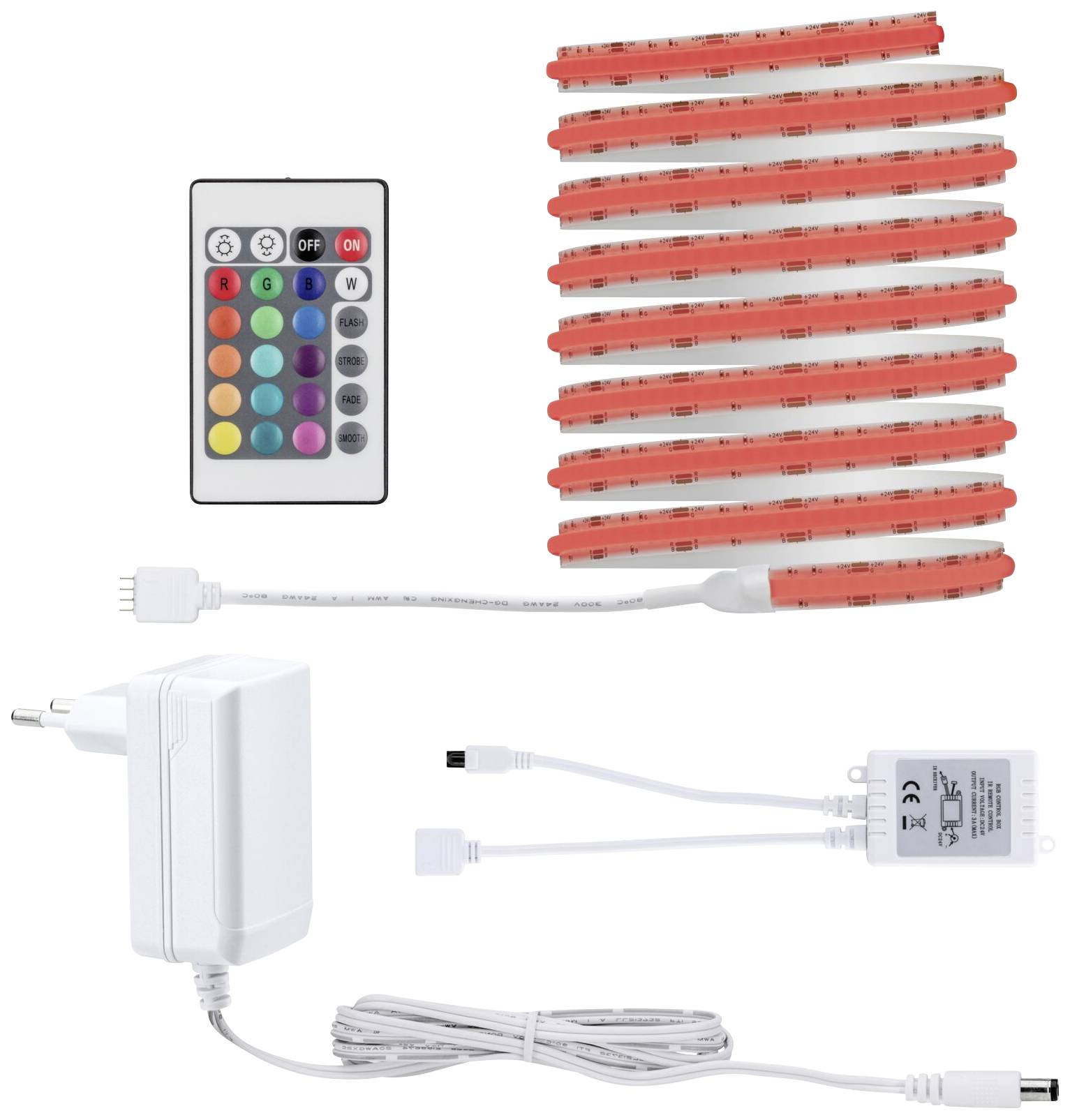 Kit de bande LED avec télécommande, adaptateur secteur et unité de contrôle. Différentes couleurs disponibles et installation facile.