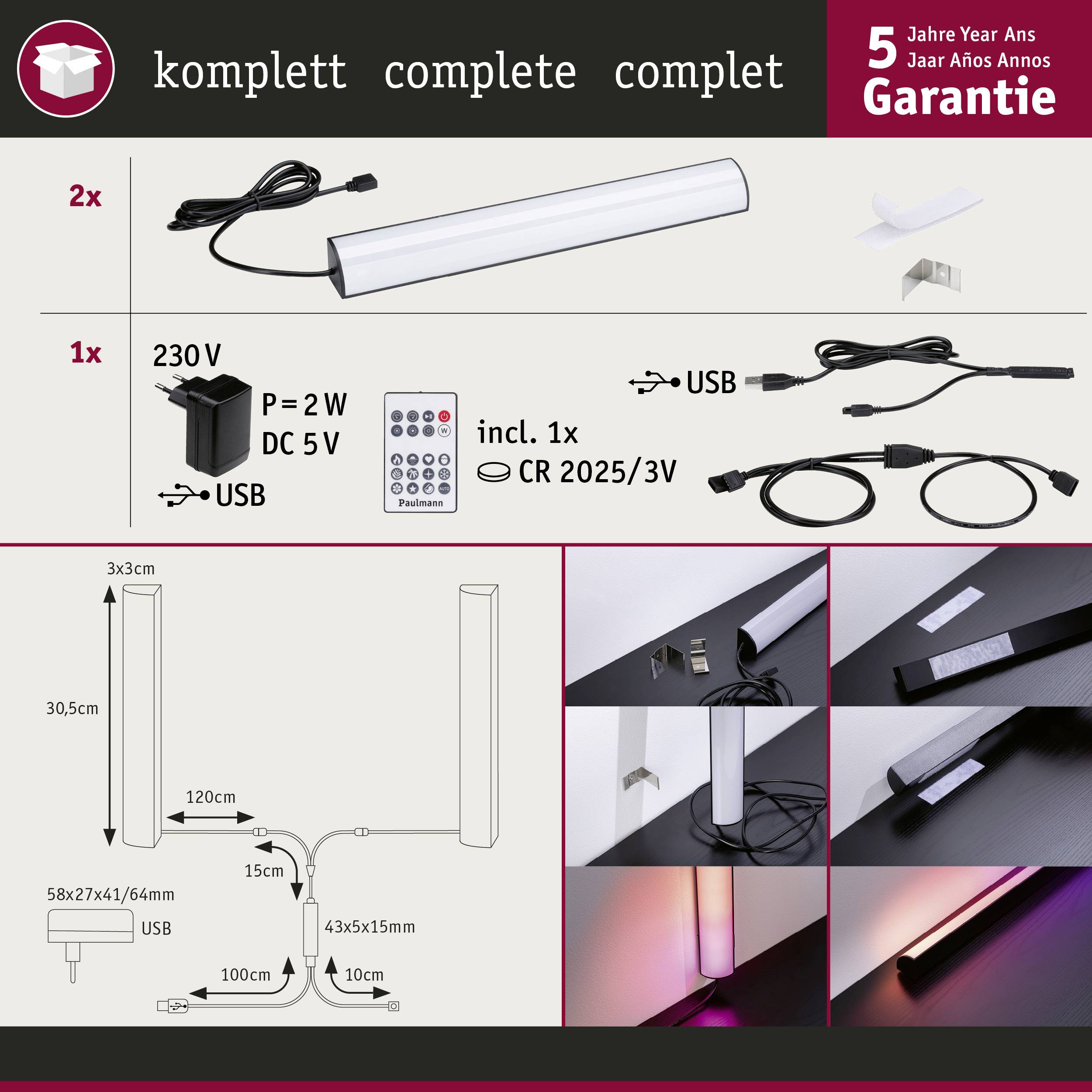 'Image du produit d'un ensemble de bandes lumineuses LED avec télécommande, connexion USB, clips de fixation et caractéristiques techniques.'