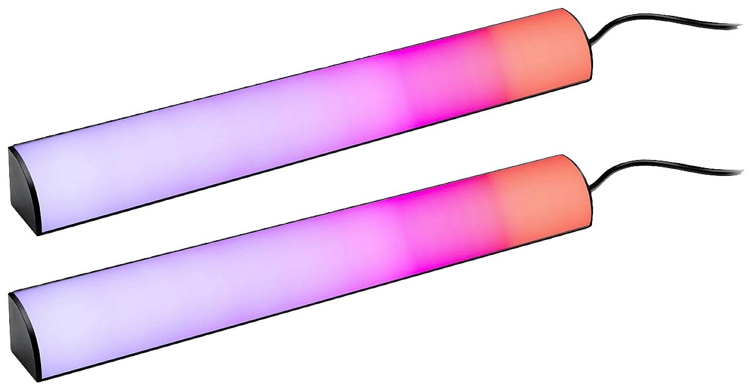 Deux lampes LED cylindriques brillent en rose et orange, disposées côte à côte. Des câbles électriques sont fixés à chacune de leurs extrémités.
