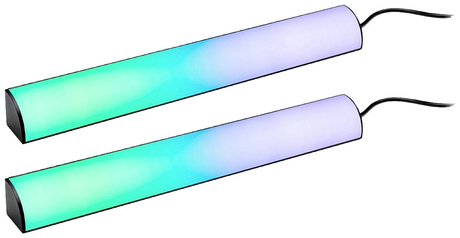 Deux bandes de LED lumineuses, disposées en diagonale, présentent un dégradé de couleur allant du turquoise au violet.