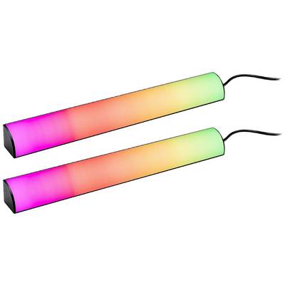 Deux barres lumineuses LED changeant de couleur, l'une avec un dégradé du rose au jaune, l'autre avec un dégradé du vert à l'orange, fixées sur des câbles noirs.