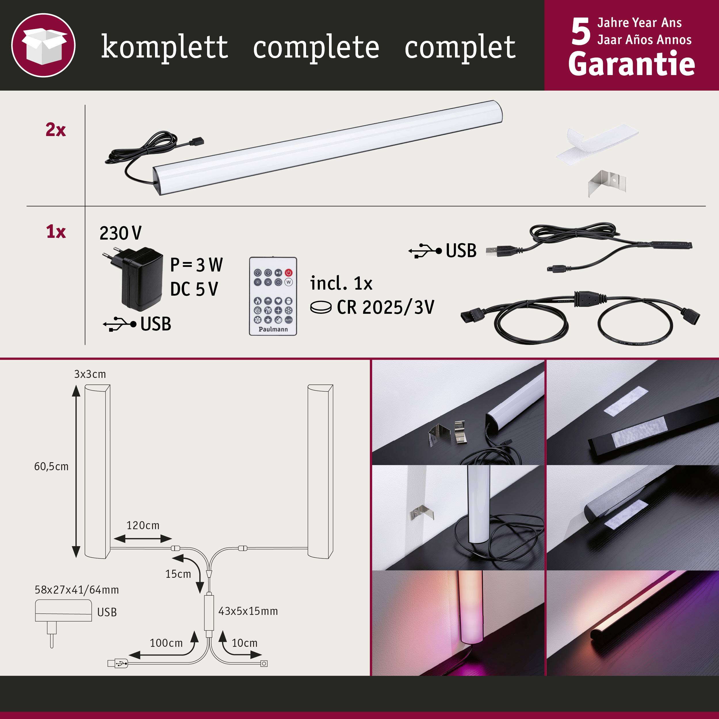 Ensemble complet de luminaires LED avec 5 ans de garantie. Comprend 2 bandes LED, télécommande, bloc d'alimentation et câble USB. Dimensions : 120x3x3 cm.