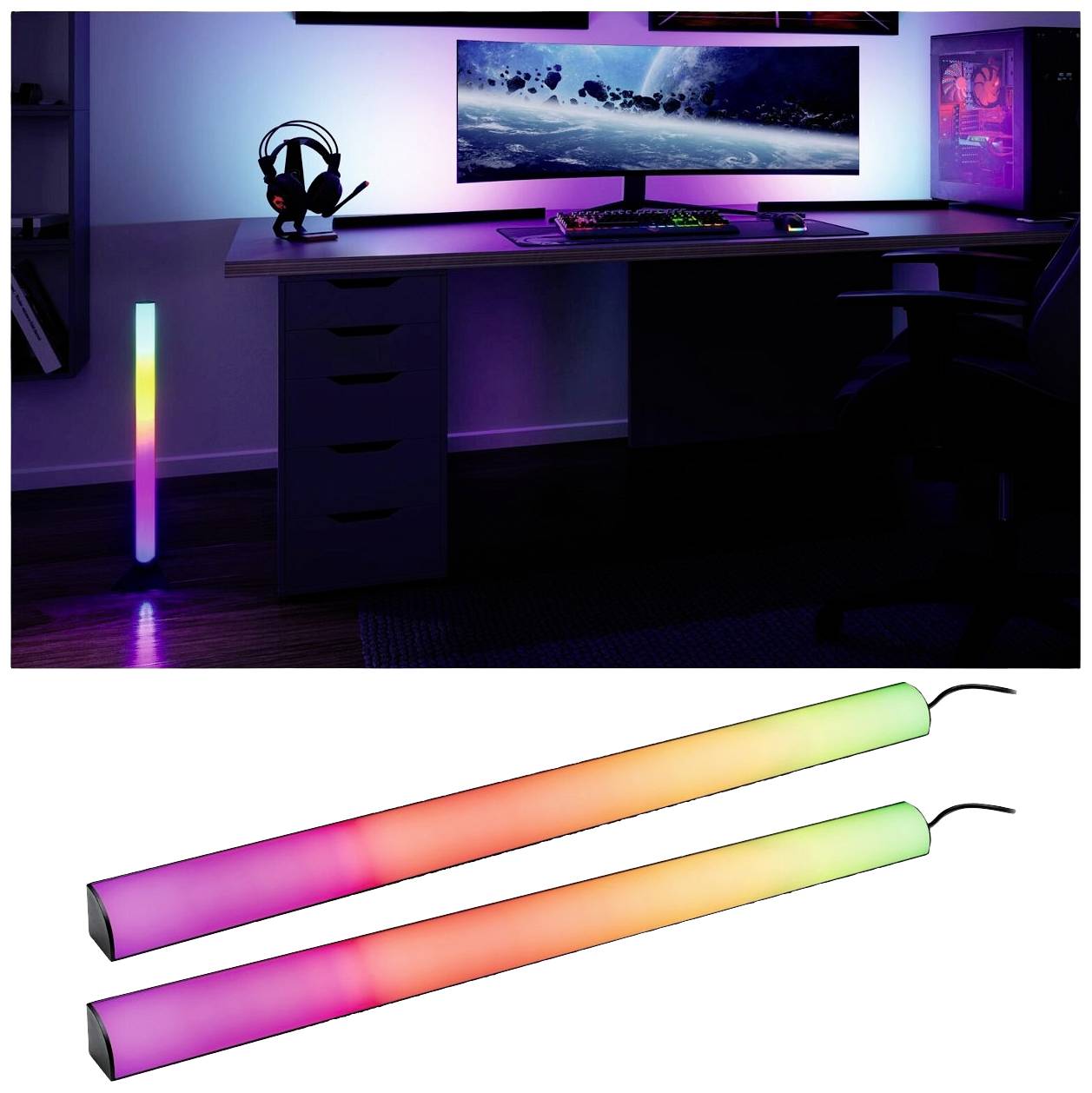 Des lumières LED aux couleurs arc-en-ciel illuminent un bureau de gaming équipé de plusieurs écrans et d'accessoires de jeu en arrière-plan.