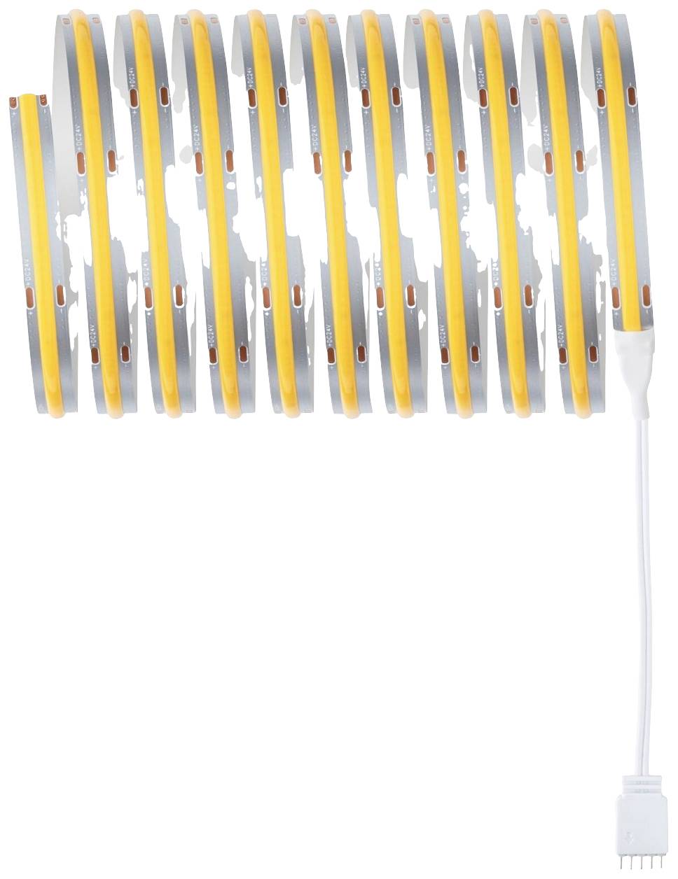 Une source lumineuse LED enroulable avec une connexion à son extrémité, adaptée aux solutions d'éclairage flexibles dans les espaces résidentiels ou professionnels.