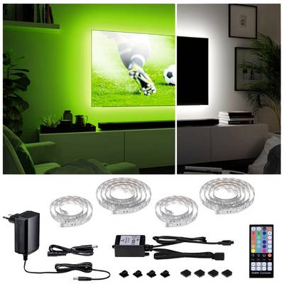Éclairage de bande LED derrière un téléviseur affichant un rétroéclairage ambiant vert. Comprend des bandes LED, une télécommande et un adaptateur.