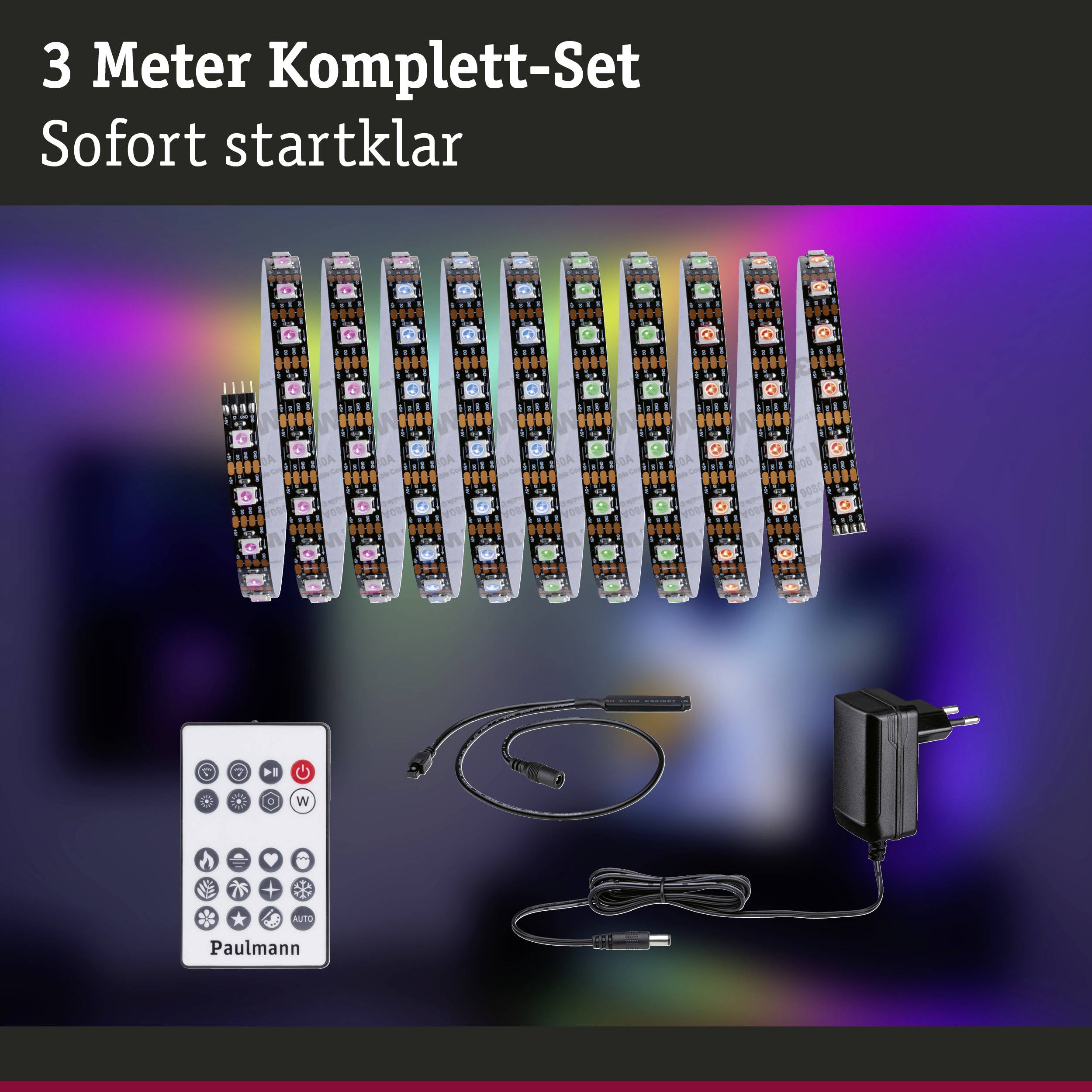 "Kit complet de 3 mètres, prêt à l'emploi immédiat." Image de rubans lumineux LED, d'une télécommande et d'un adaptateur secteur sur un fond noir.