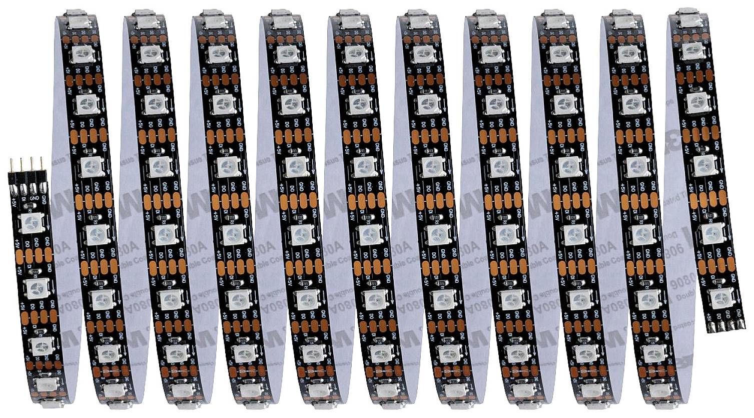 Bande de LED alignée, montrant les puces éclairées et les connexions électriques. Idéal pour l'éclairage décoratif et les projets DIY.
