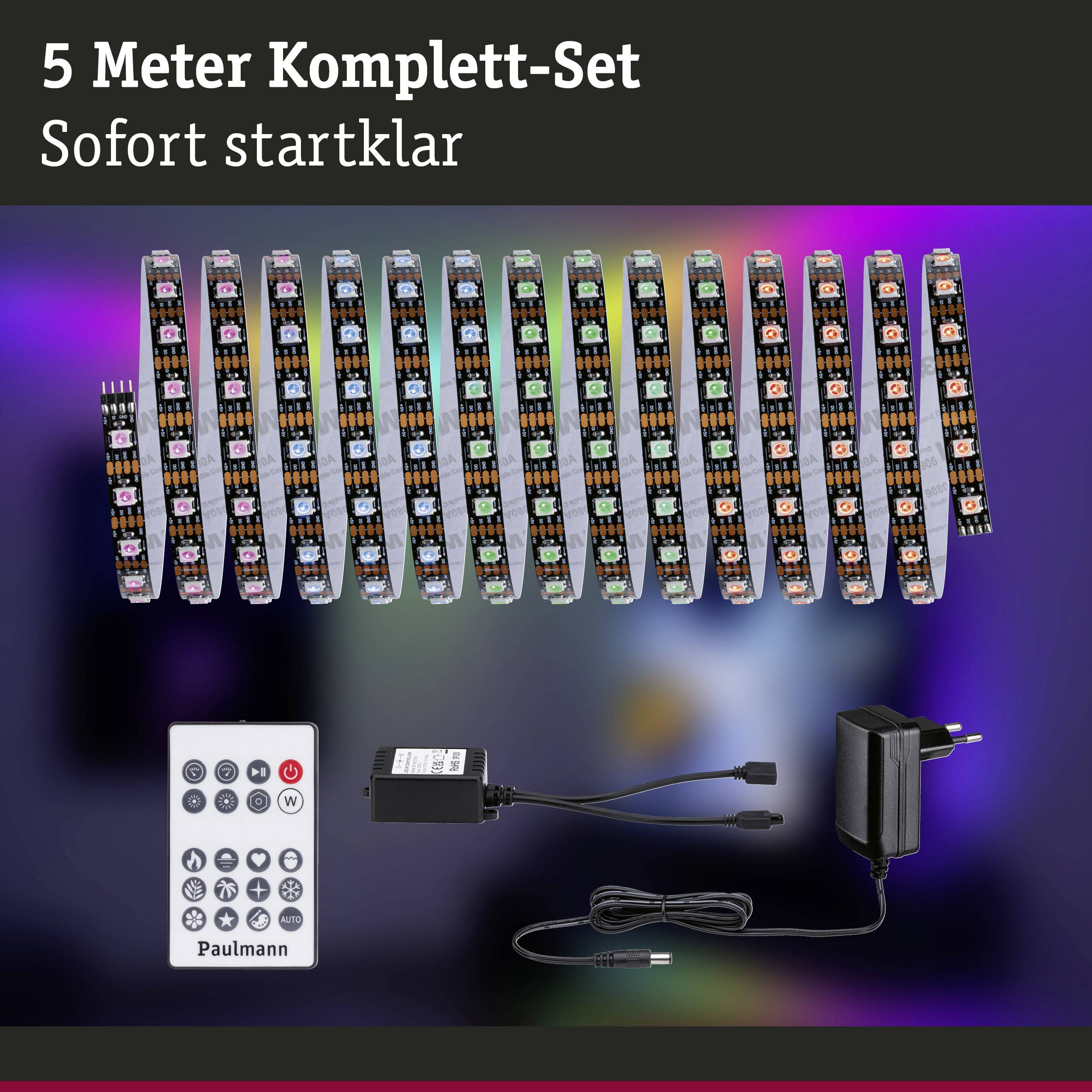 Ensemble de guirlande lumineuse LED de 5 mètres avec télécommande et adaptateur secteur, prêt à l'emploi immédiat. Lumières colorées et accessoires illustrés.