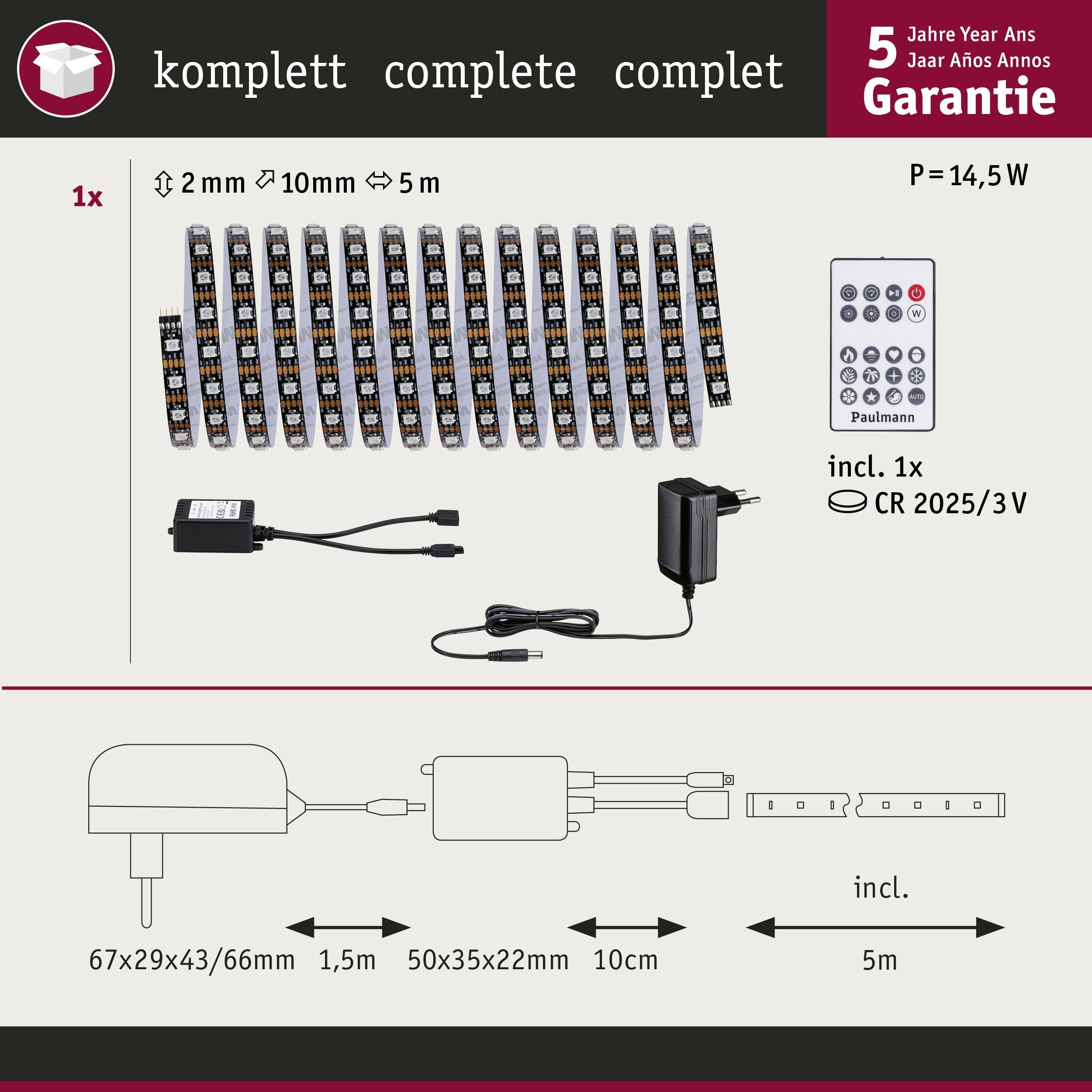 'Kit de bande lumineuse LED avec télécommande, bloc d'alimentation et adaptateur. Longueur 5m, puissance 14,5W, garantie 5 ans.'