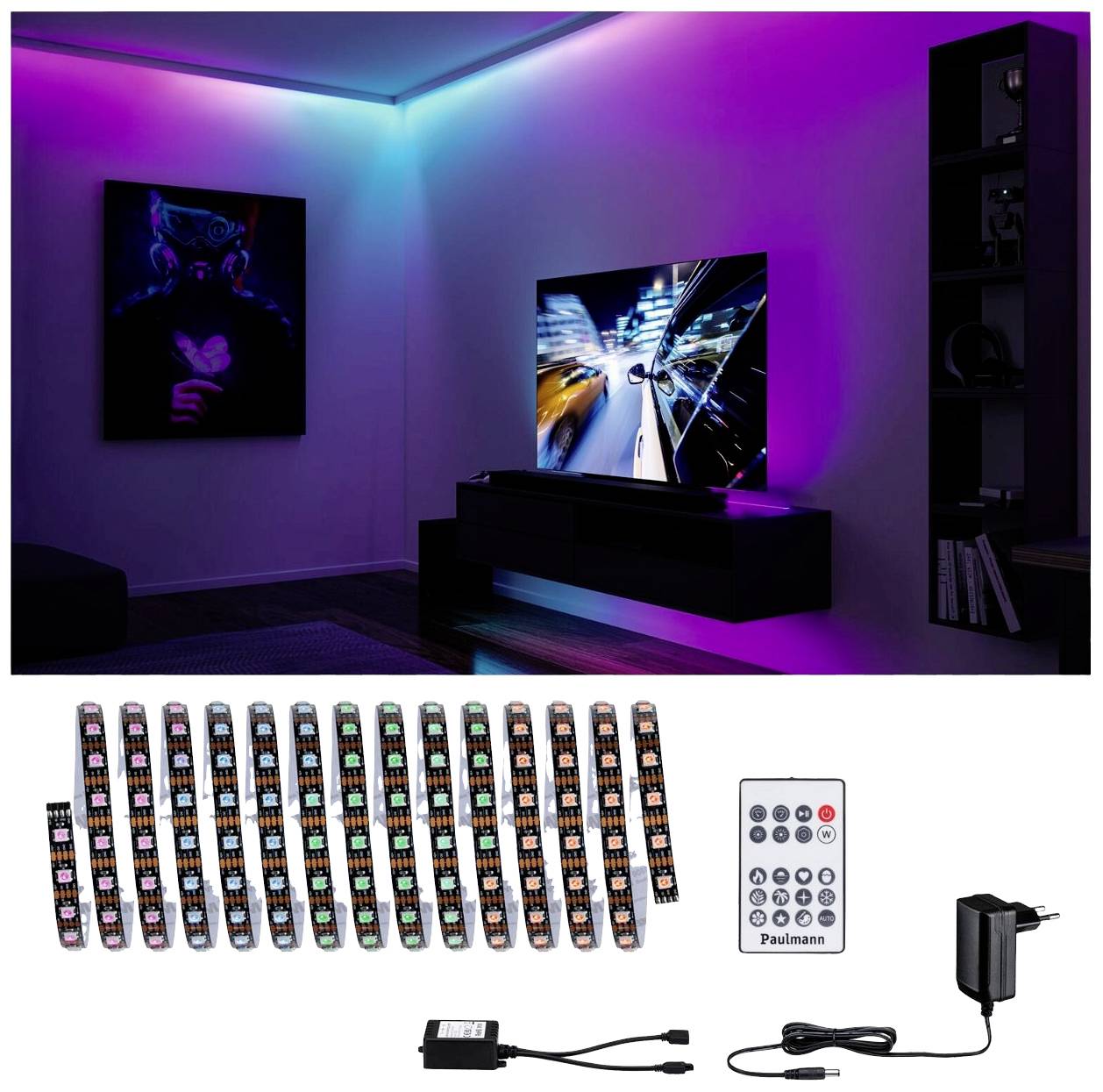 Un salon avec un éclairage à bande LED de différentes couleurs au plafond. Un téléviseur affiche un jeu de course. Accessoires pour l'installation.