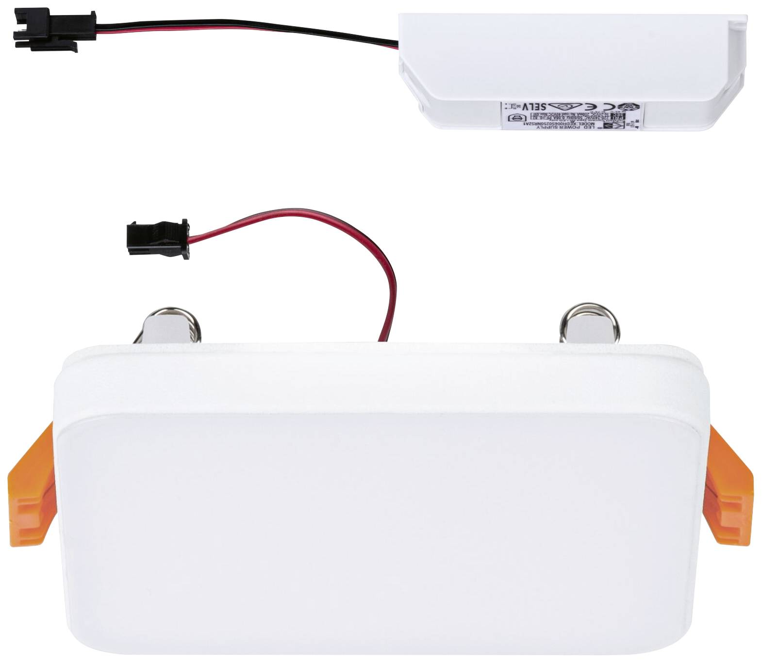 Lampe LED avec boîtier blanc, deux clips oranges et un câble avec une fiche noire. L'accessoire ressemble à un pack de batteries.