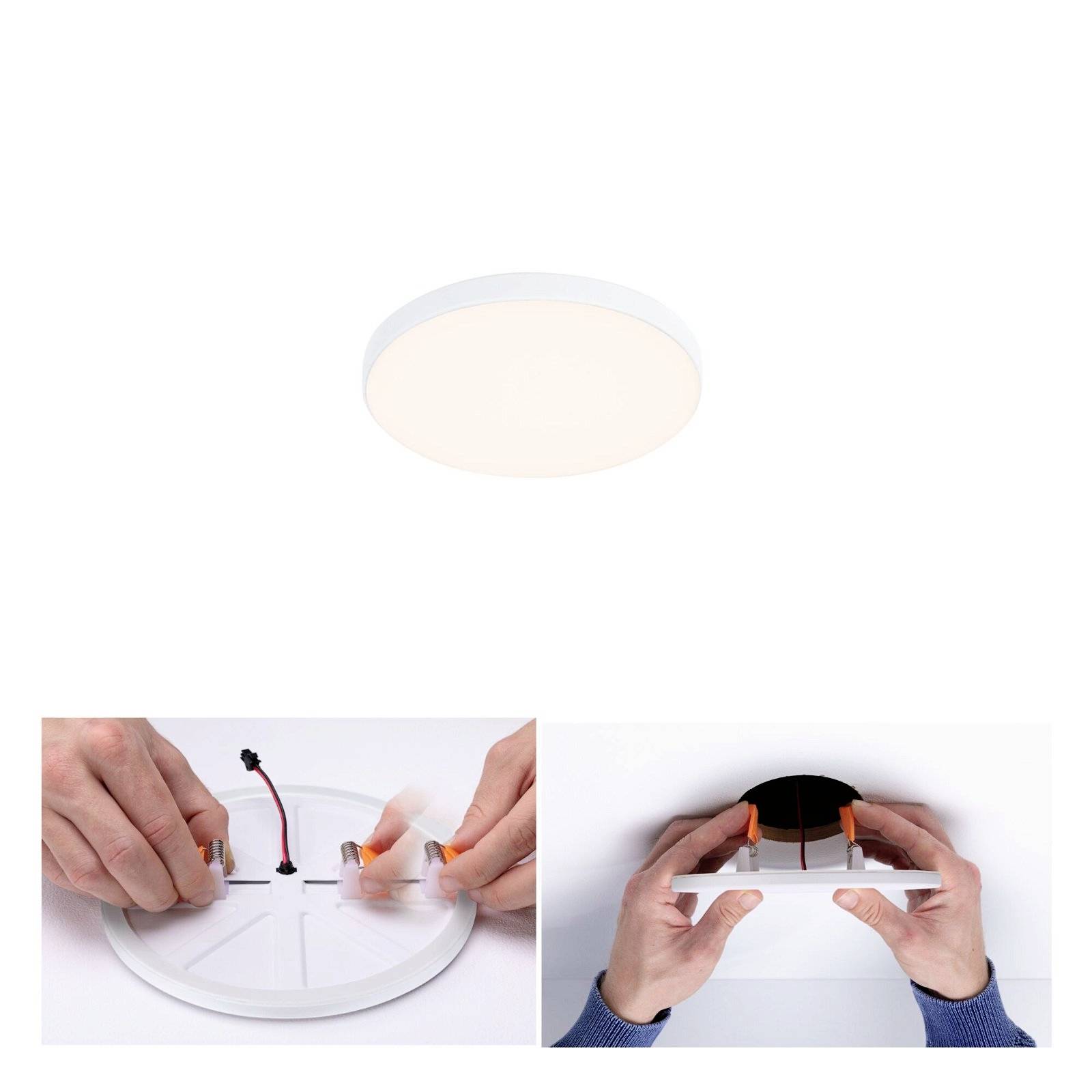 Plafonnier avec manuel de montage : En haut, la lampe est allumée ; en bas, deux mains raccordent les câbles sur le support de lampe.