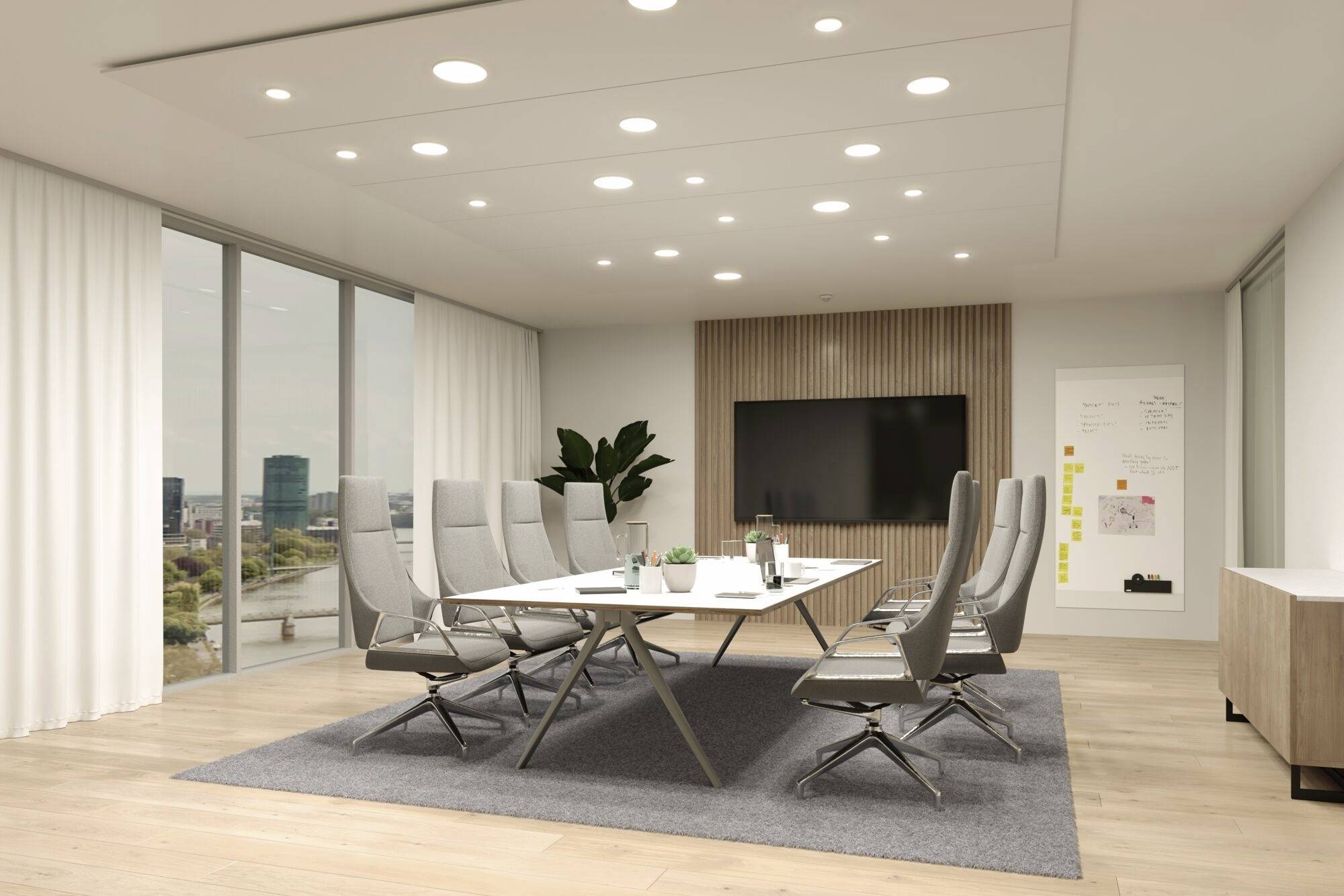 Une salle de réunion moderne avec une grande table, huit chaises, un écran plat, un tableau blanc et une vue sur un paysage urbain.