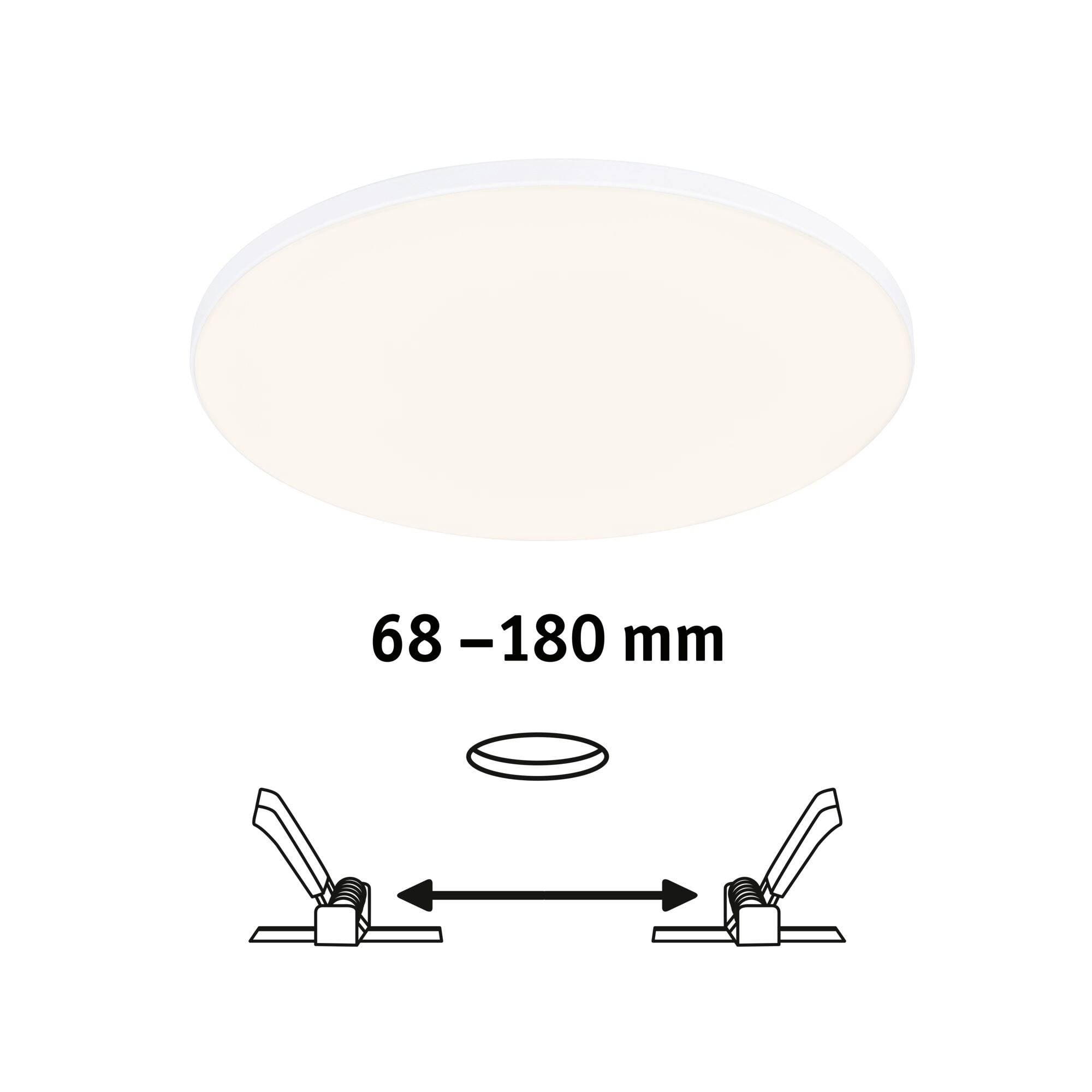 Luminaire plafonnier rond avec un diamètre de 68 à 180 mm, montrant un schéma d'installation avec mécanisme de fixation.