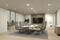 Salle de conférence moderne avec une grande table, huit chaises, un grand écran mural et des fenêtres offrant une vue panoramique. Aménagement lumineux et minimaliste.